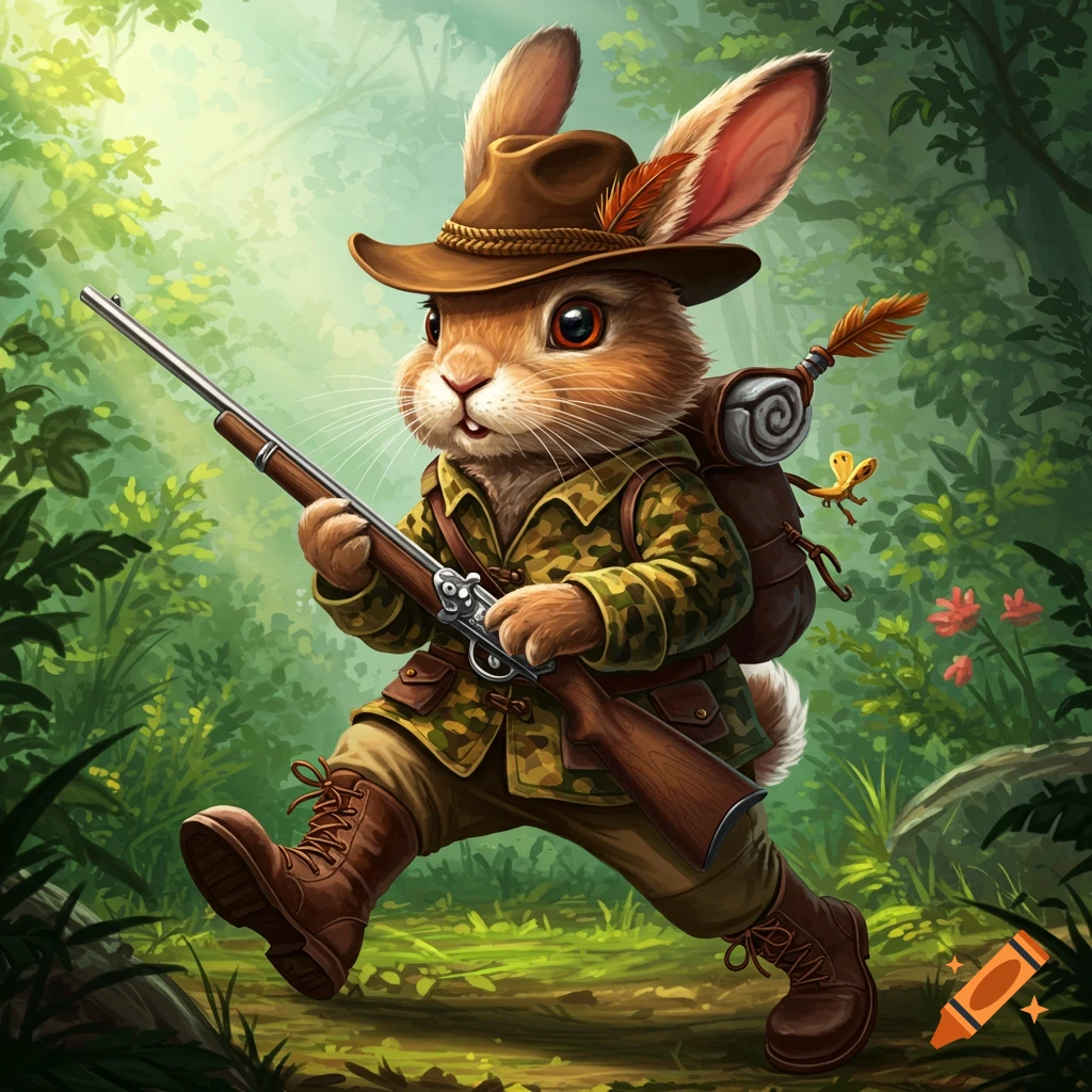 Cartoon bunny in hunting gear walking in a forest.
