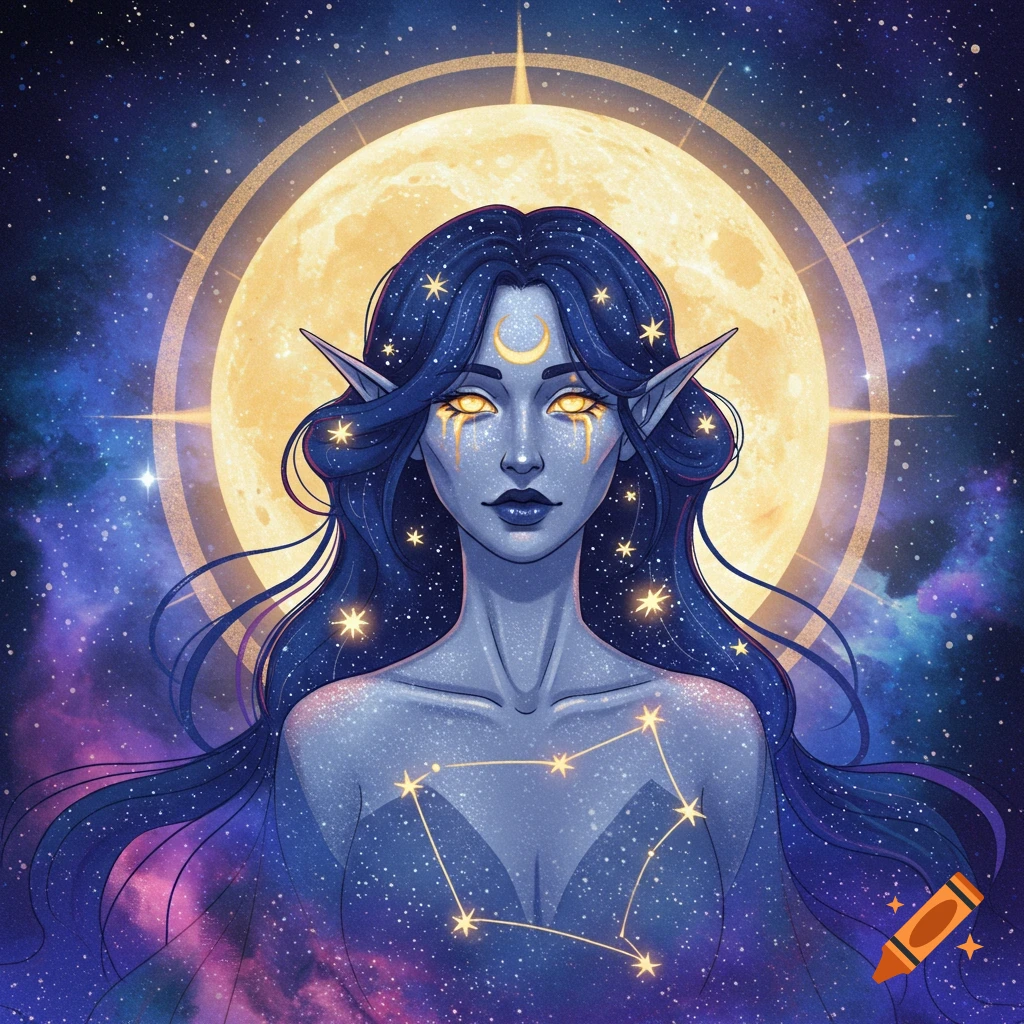 A blue-skinned fantasy goddess with star-filled hair and constellation patterns on her chest is shown against a backdrop of a moon and stars.