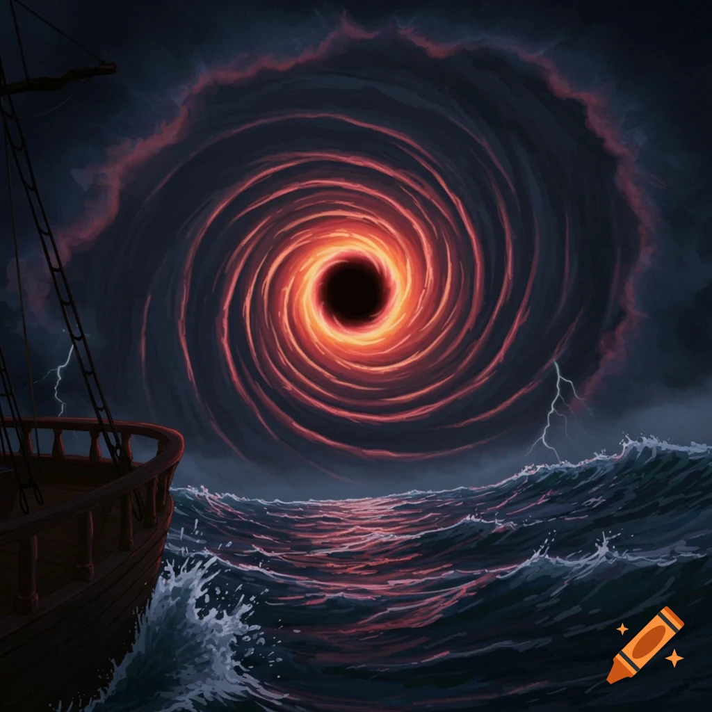 A ship approaches a fiery vortex in a stormy sea with lightning.