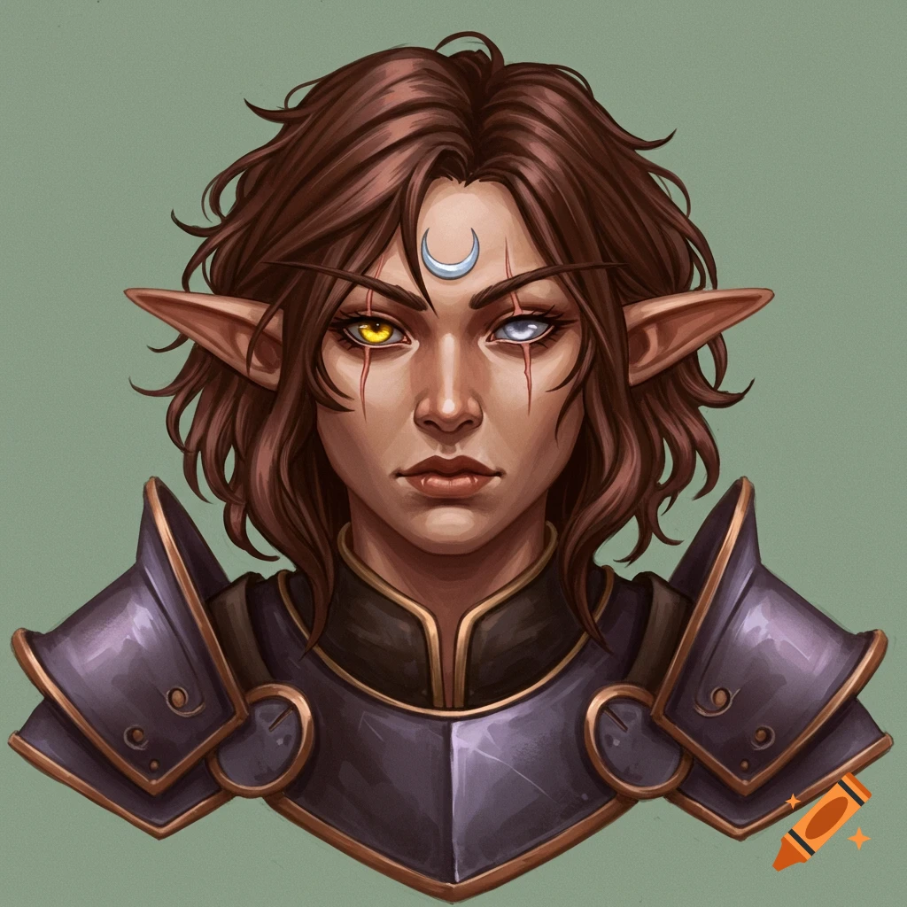 Female half-elf character with heterochromia, crescent moon symbol, and armor.