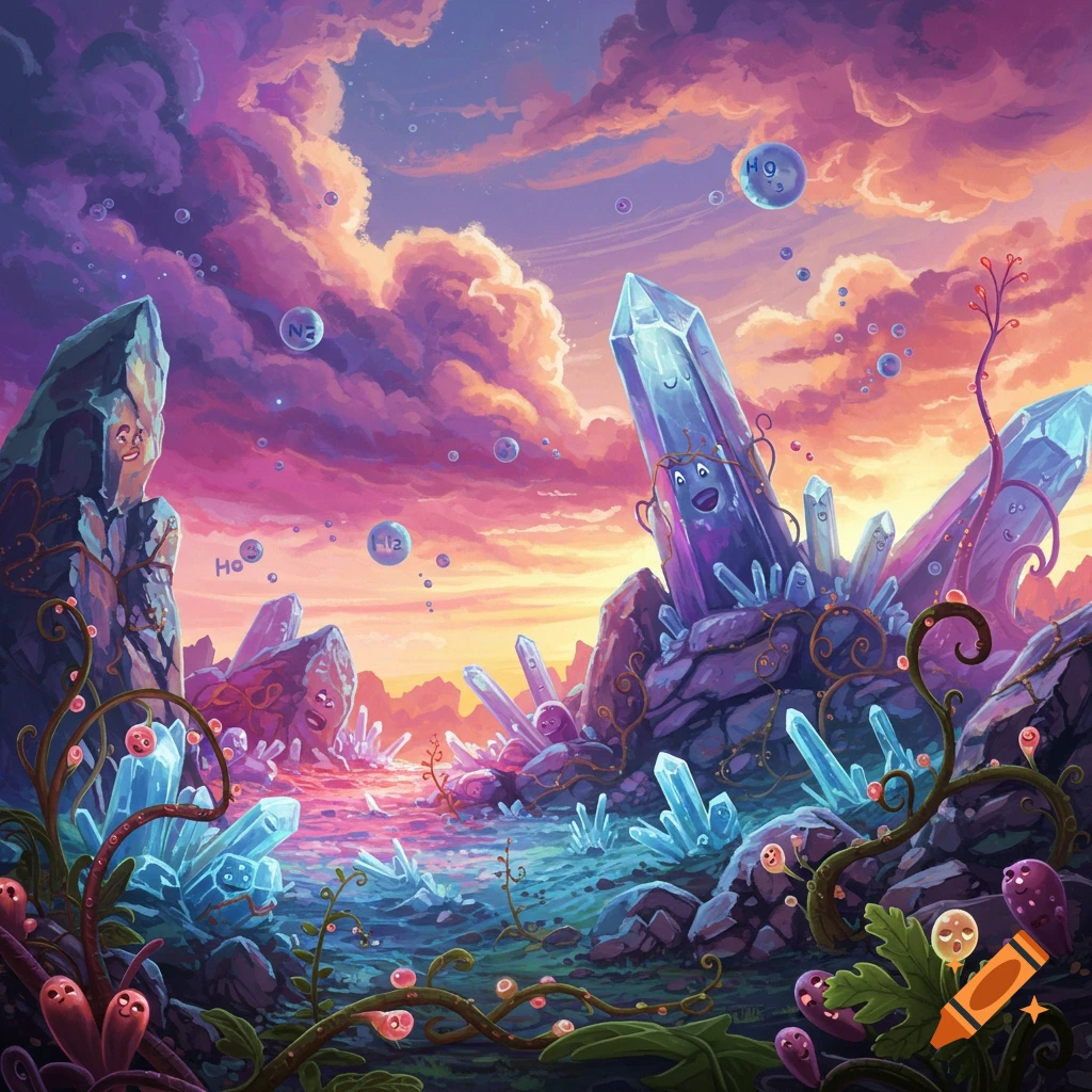 A vibrant surreal fantasy landscape with sentient crystals, rocks, and plants under a colorful sky with floating bubbles containing symbols.