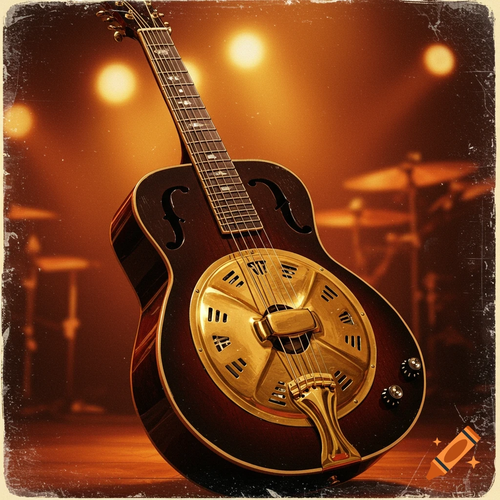 A resonator guitar rests on a stage bathed in warm lighting.