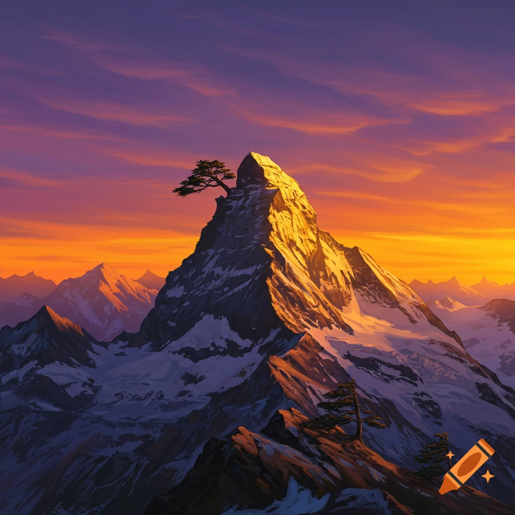 A snow-capped mountain peak at sunset.
