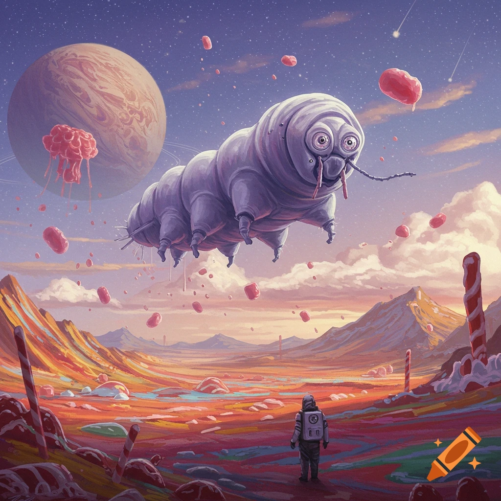 Astronaut facing a giant floating tardigrade creature on a vibrant alien world