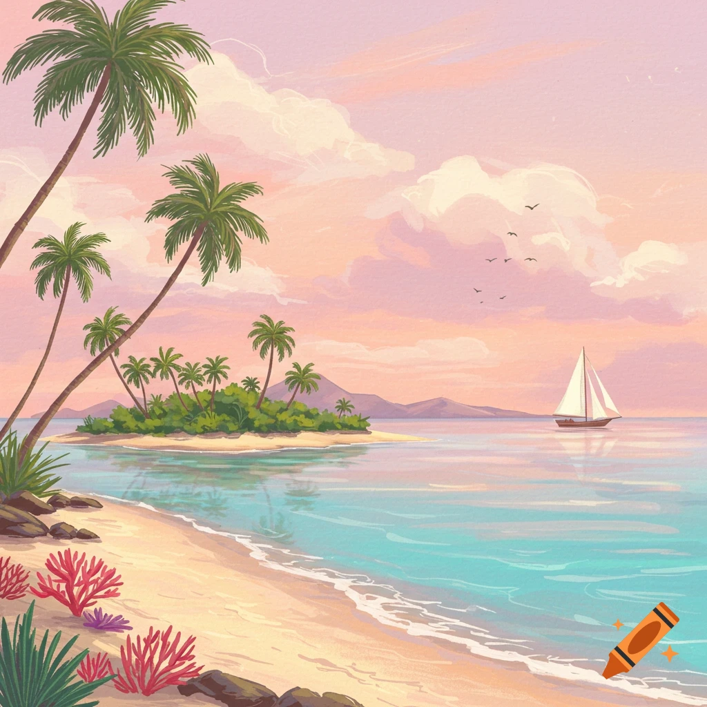 Tropical beach with palm trees, an island, and a sailboat at sunset.