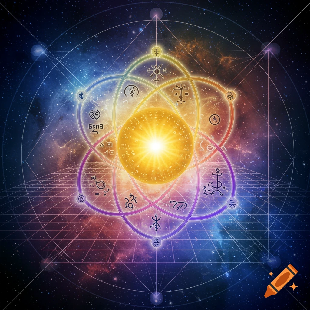 A glowing yellow sphere at the center of overlapping geometric circles and esoteric symbols against a cosmic background of stars and nebulas.