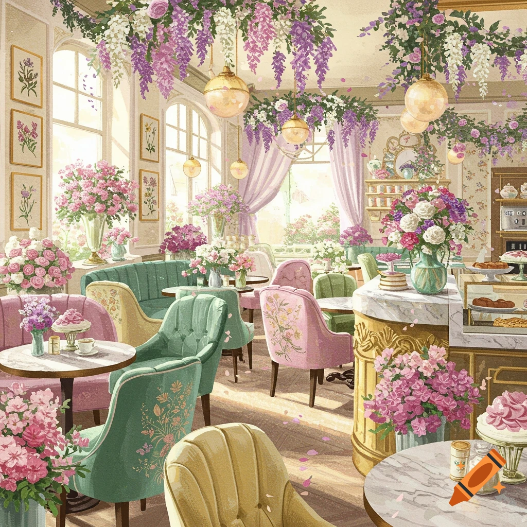 A beautiful floral cafe interior with pastel furniture and hanging wisteria.