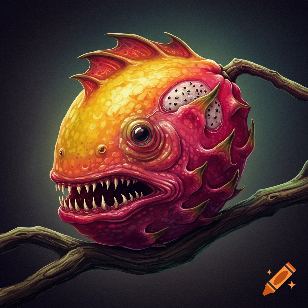 An illustration of a monstrous fish creature resembling a dragon fruit on a branch.