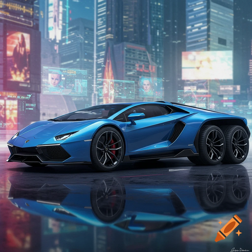 A blue 6-wheeled Lamborghini parked in a futuristic cyberpunk city, reflecting on a wet surface.
