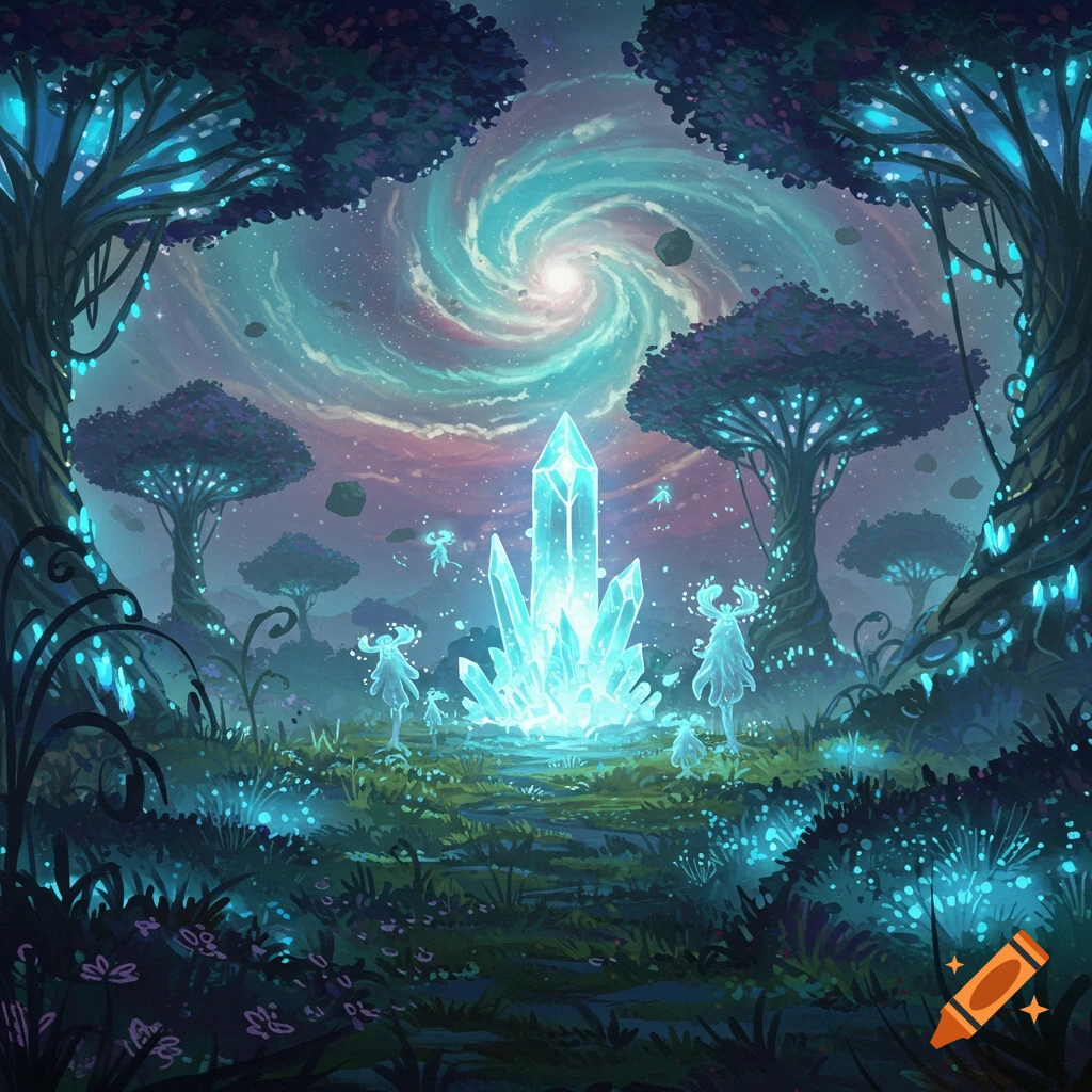 A fantasy forest with glowing trees, a large crystal, small figures, and a spiral galaxy in the sky.