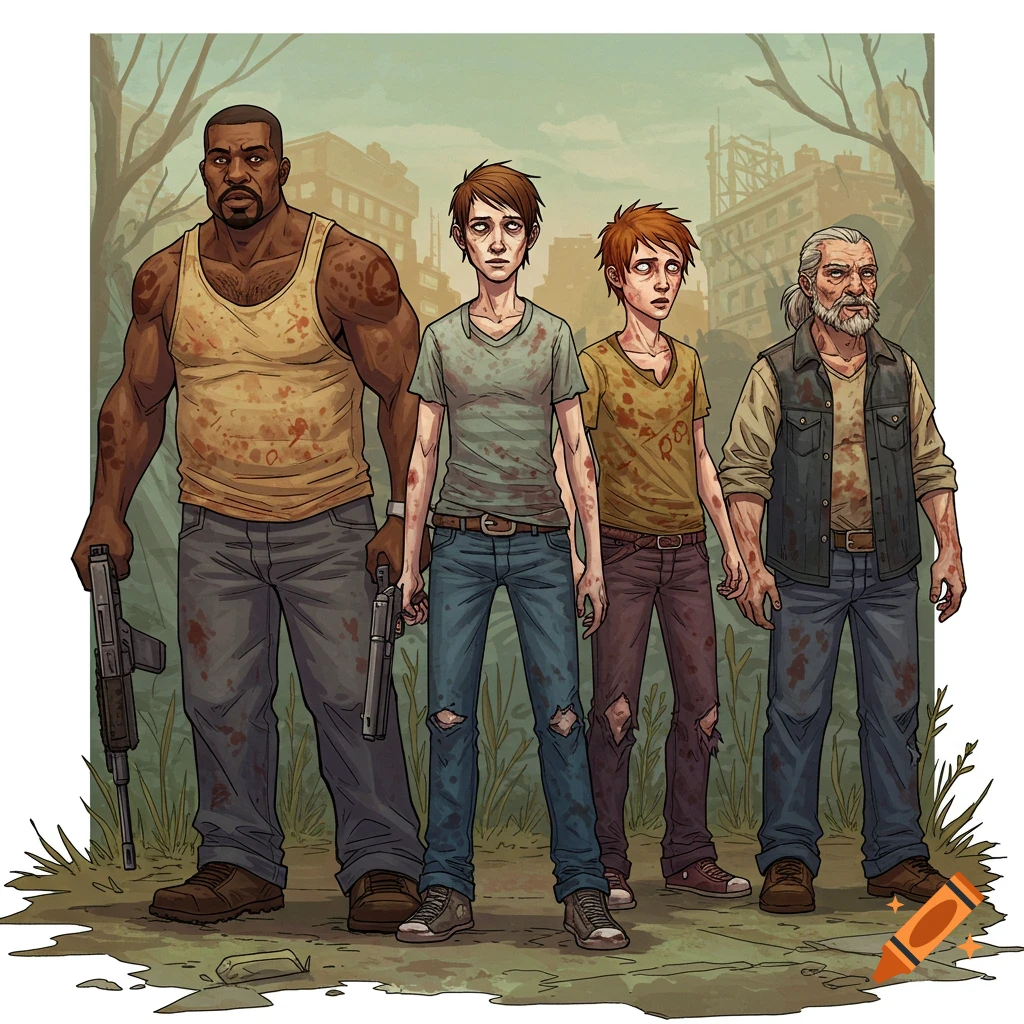 Digital illustration of four blood-stained survivors with guns standing in a ruined city