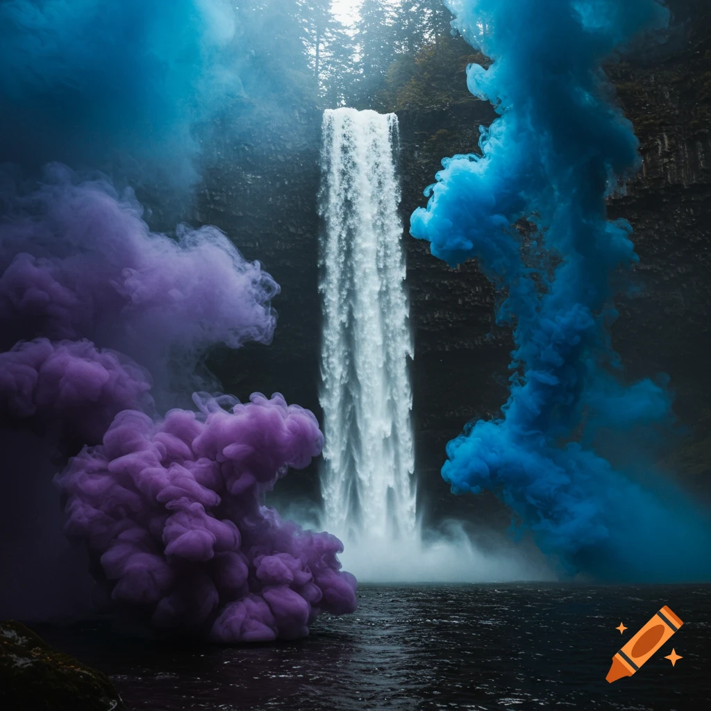 A waterfall plunges into a dark pool, shrouded in vibrant purple and blue smoke against a backdrop of dark rock and trees.