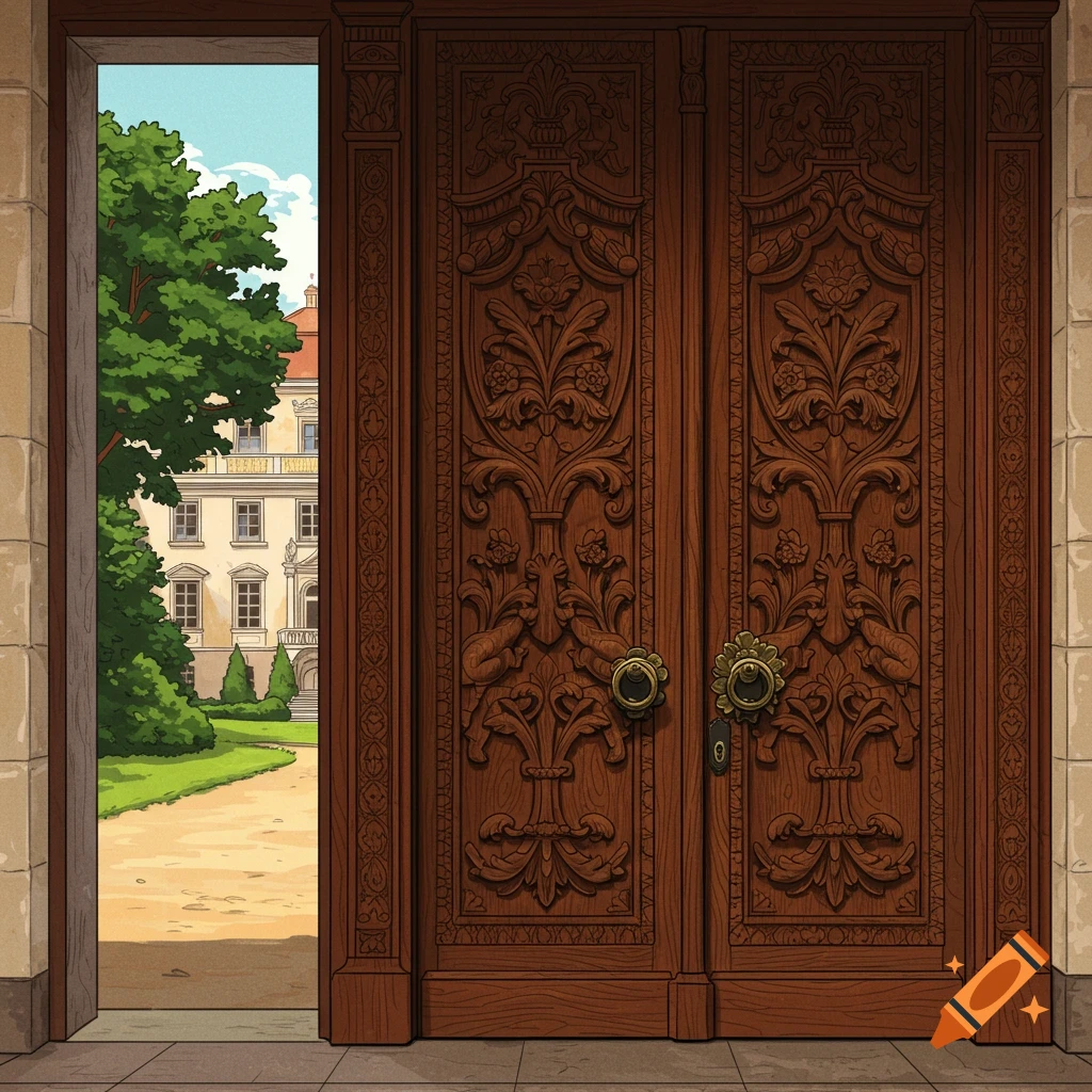 Detailed carved wooden double doors opening to a garden and building.