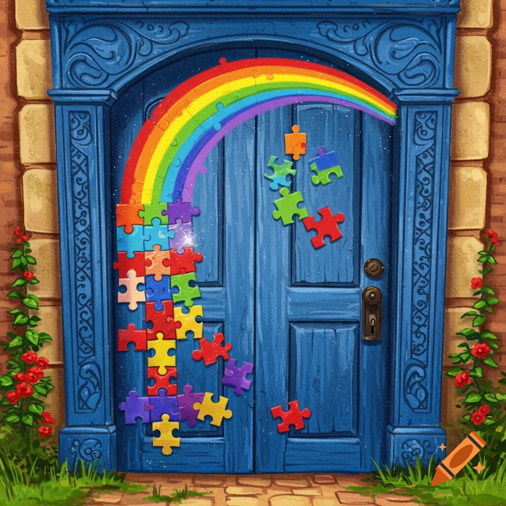 A blue door with a rainbow and colorful puzzle pieces