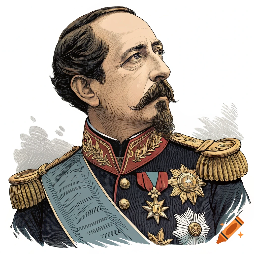 Clip art portrait of a man in a historical military uniform with medals looking to the side.