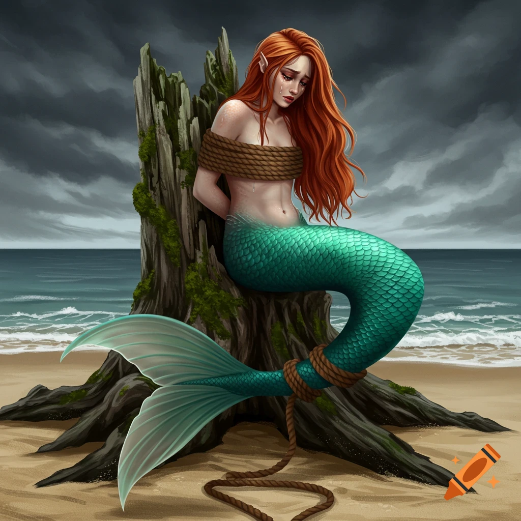 Painting of a sad mermaid with red hair tied to a stump on a beach with a stormy sky.