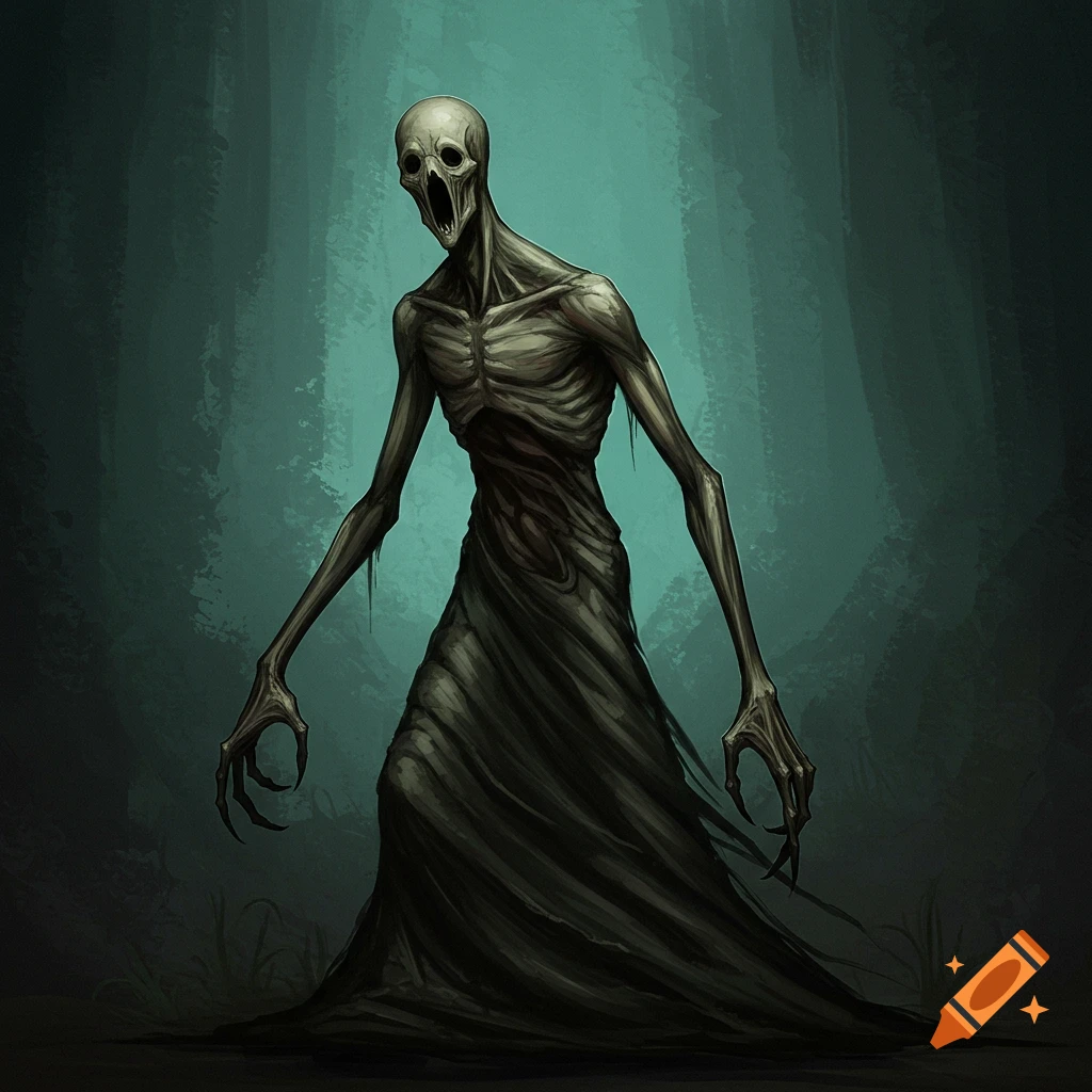 A gaunt, skeletal monster with clawed hands stands in a dark forest.