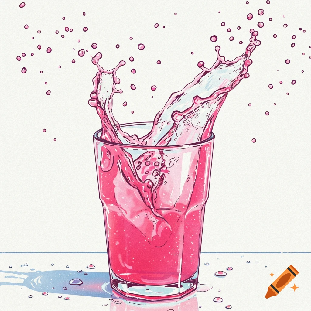 Pink lemonade splashing out of a glass with droplets.