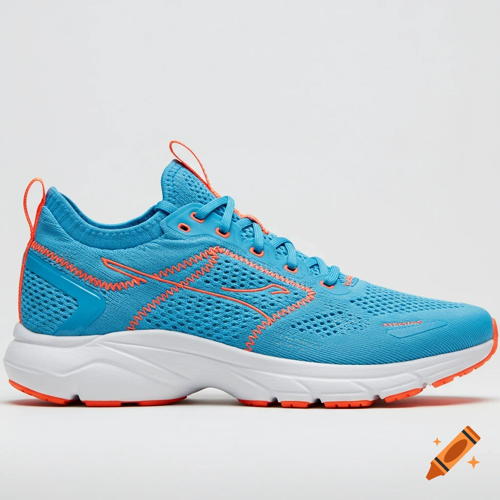 A blue and orange running shoe on a white background.