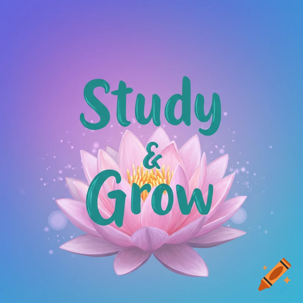 A pink lotus flower on a gradient background with the text 'Study & Grow'.