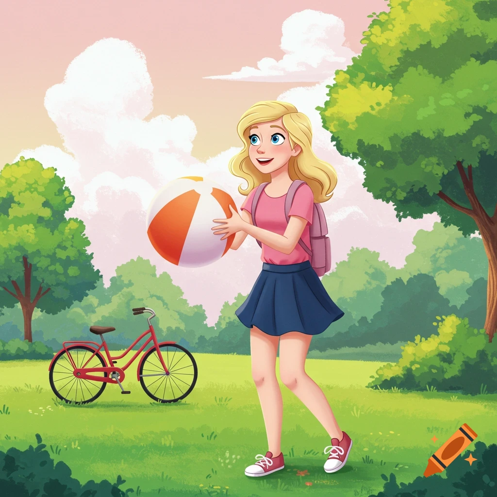 Cartoon image of a blonde girl holding a beach ball in a park with a bicycle.