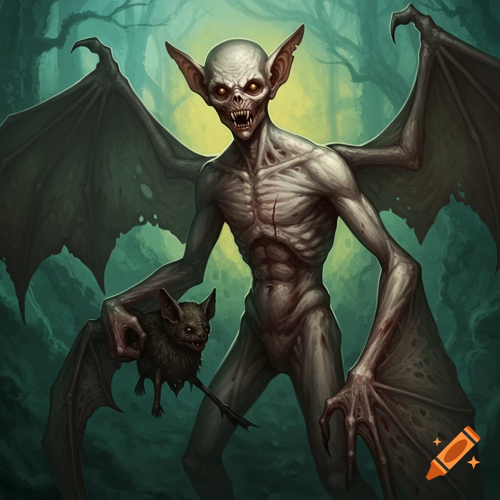A monstrous human-bat creature holds a smaller bat in a forest.