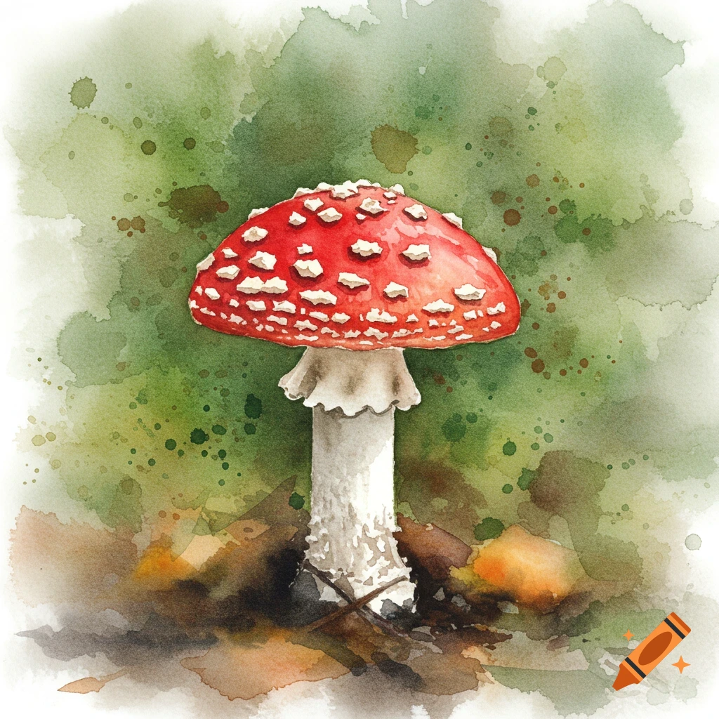 Watercolor painting of a red and white mushroom.
