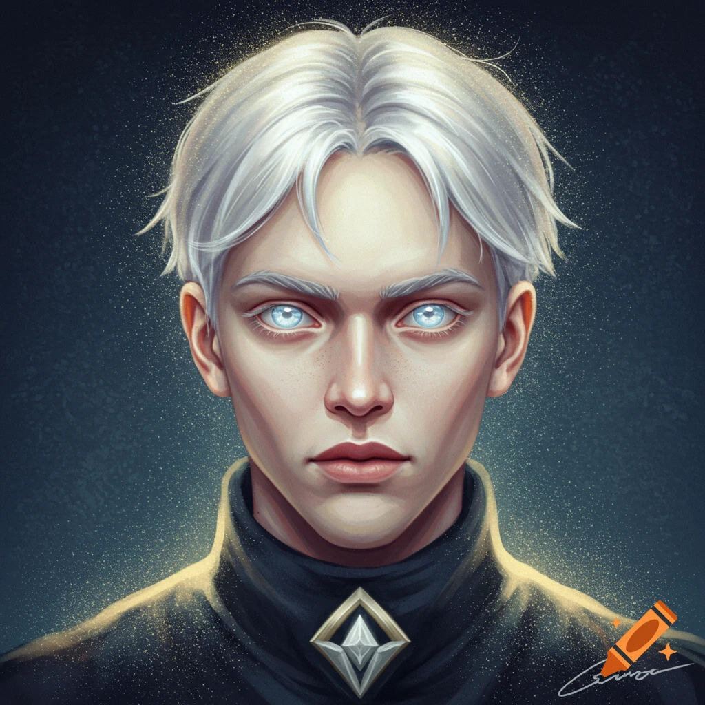 Portrait of a young man with white hair and glowing blue eyes, wearing a dark collar with a silver emblem.
