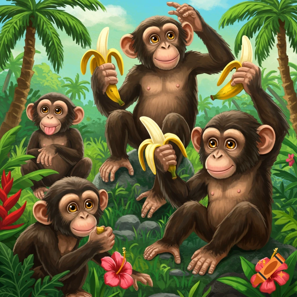 Five cartoon chimpanzees with bananas in a jungle.