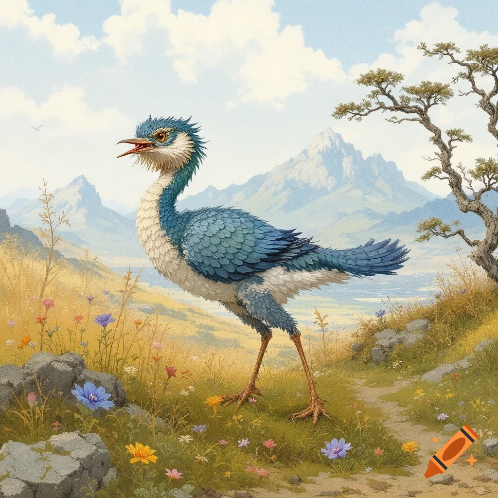 A large blue and white fantasy bird stands in a field of flowers.