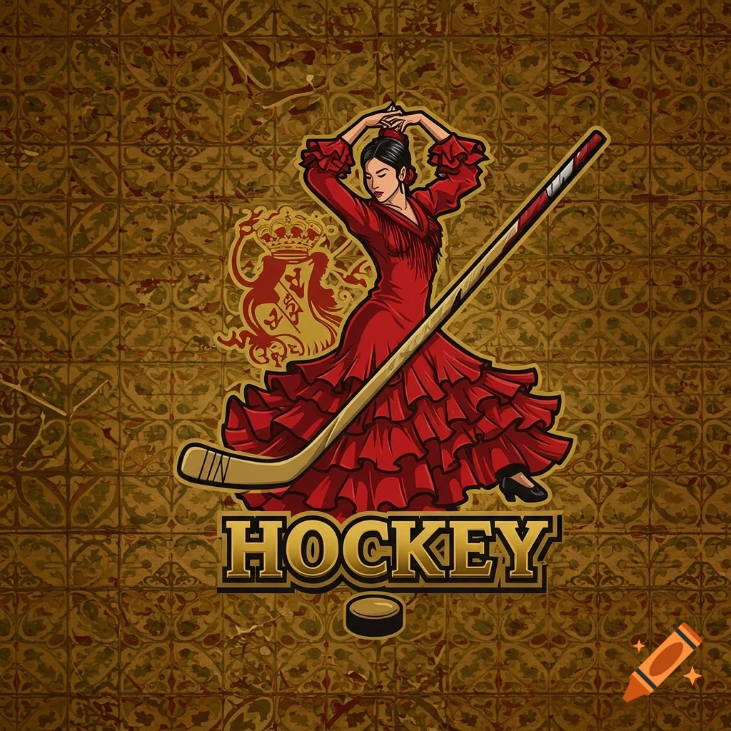 A logo design featuring a woman in a red flamenco dress dancing with a hockey stick and puck. Includes a coat of arms and the text 'HOCKEY'.