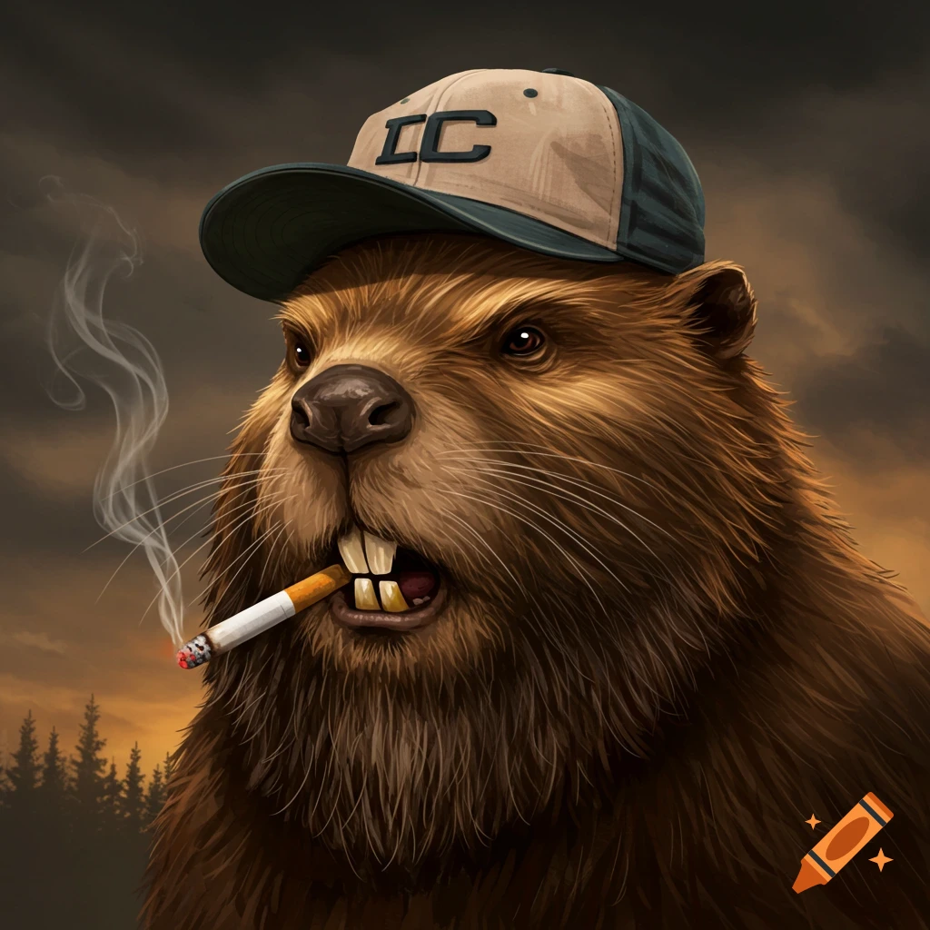 A close-up of an anthropomorphic beaver wearing a baseball cap and smoking a cigarette.