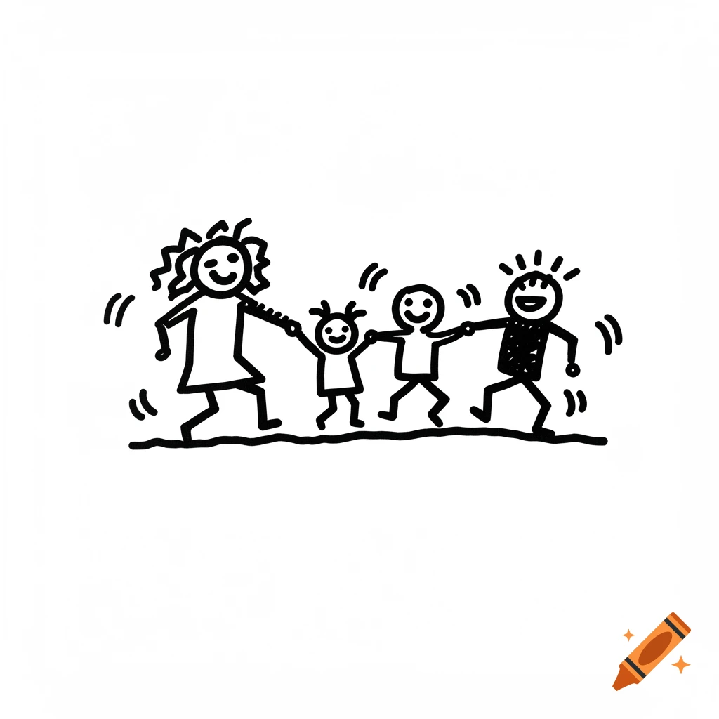 Keith Haring style illustration of a stick figure family holding hands and dancing