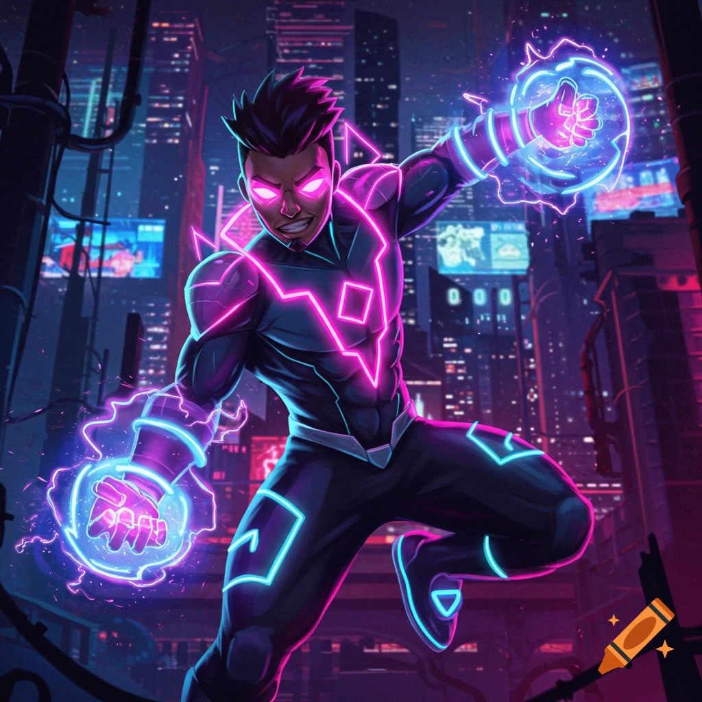 A superhero character with glowing energy leaps in a cyberpunk city at night.