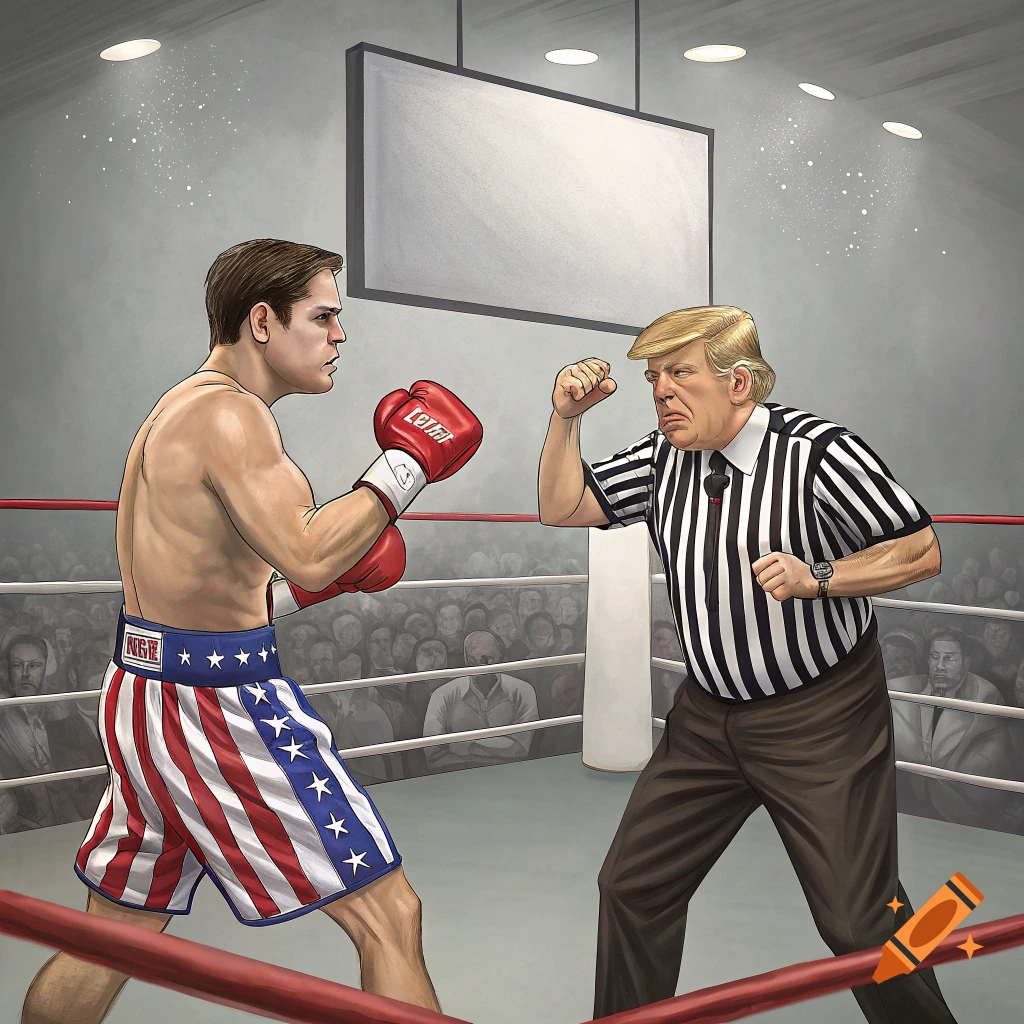 Illustration of a boxing match with a boxer in USA flag shorts and a referee.