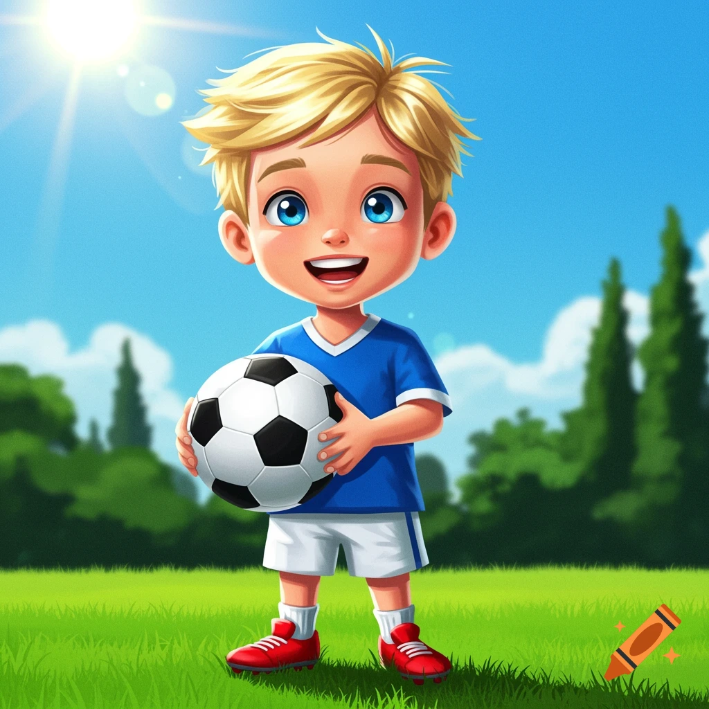 Cartoon illustration of a smiling blonde boy holding a soccer ball on a sunny green field.