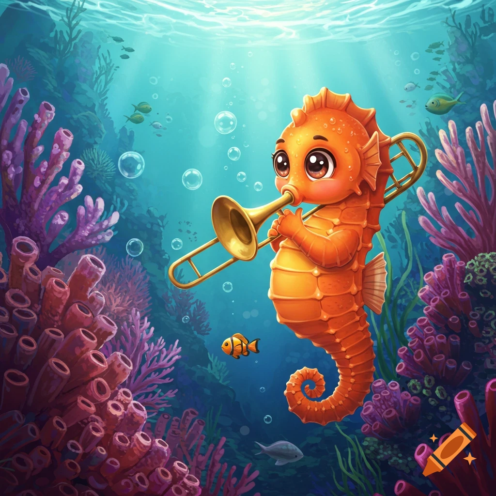 Cute cartoon seahorse playing trombone in a coral reef.