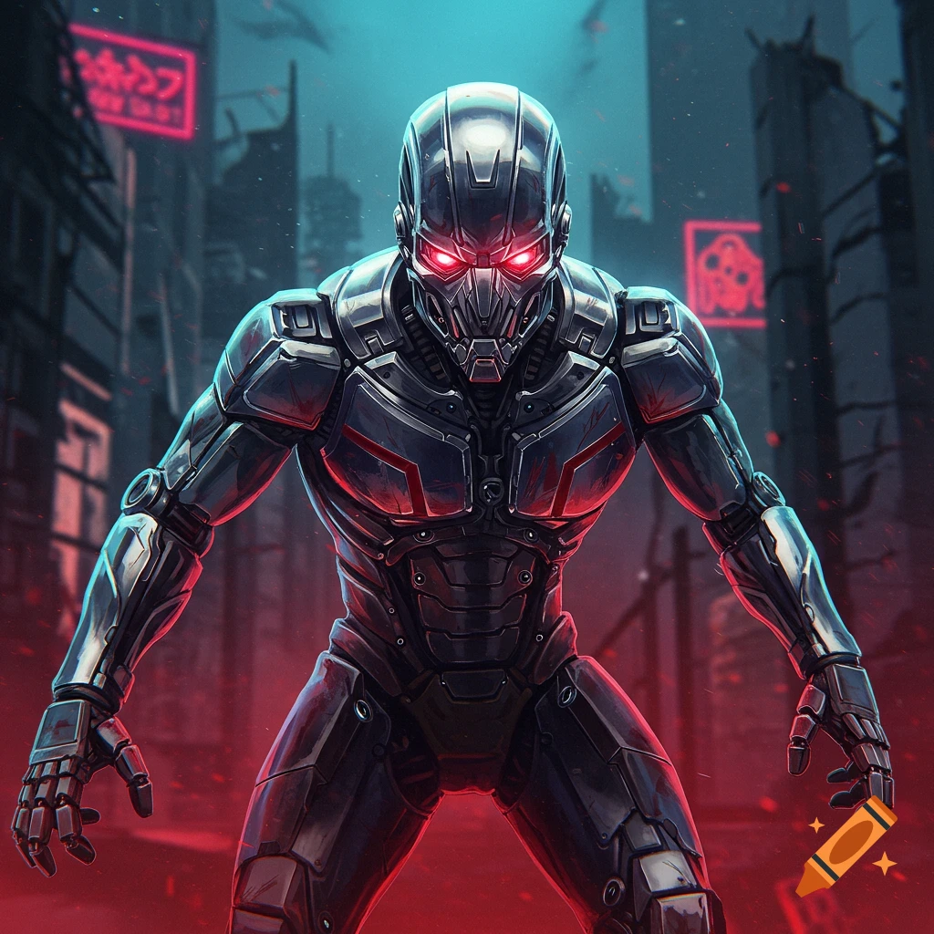 A robotic figure with glowing red eyes stands in a dark cyberpunk city with neon signs.