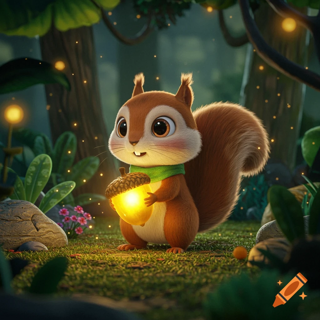 A cute cartoon squirrel holds a glowing acorn in a magical forest.