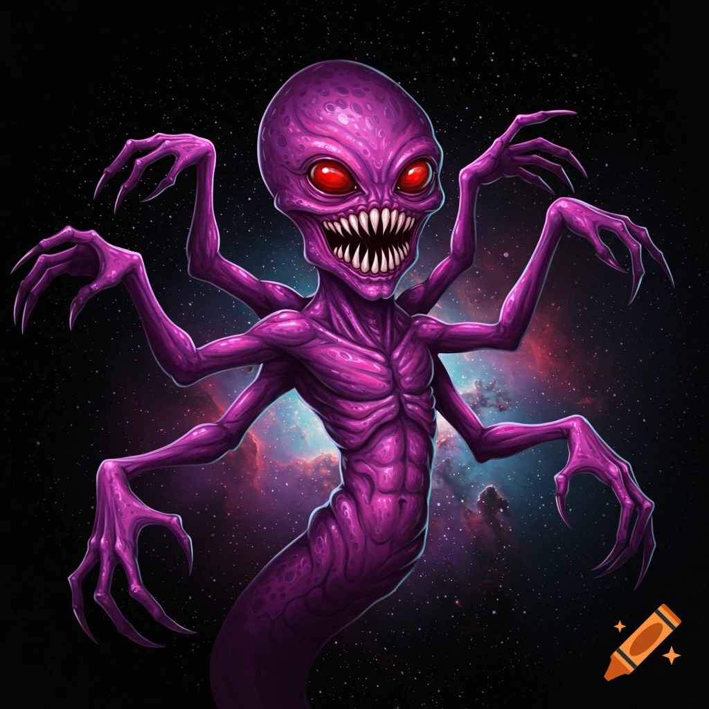 A scary purple alien with multiple arms and red eyes in space.