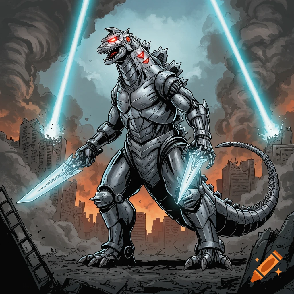 Mechagodzilla with swords and beams in a destroyed city.