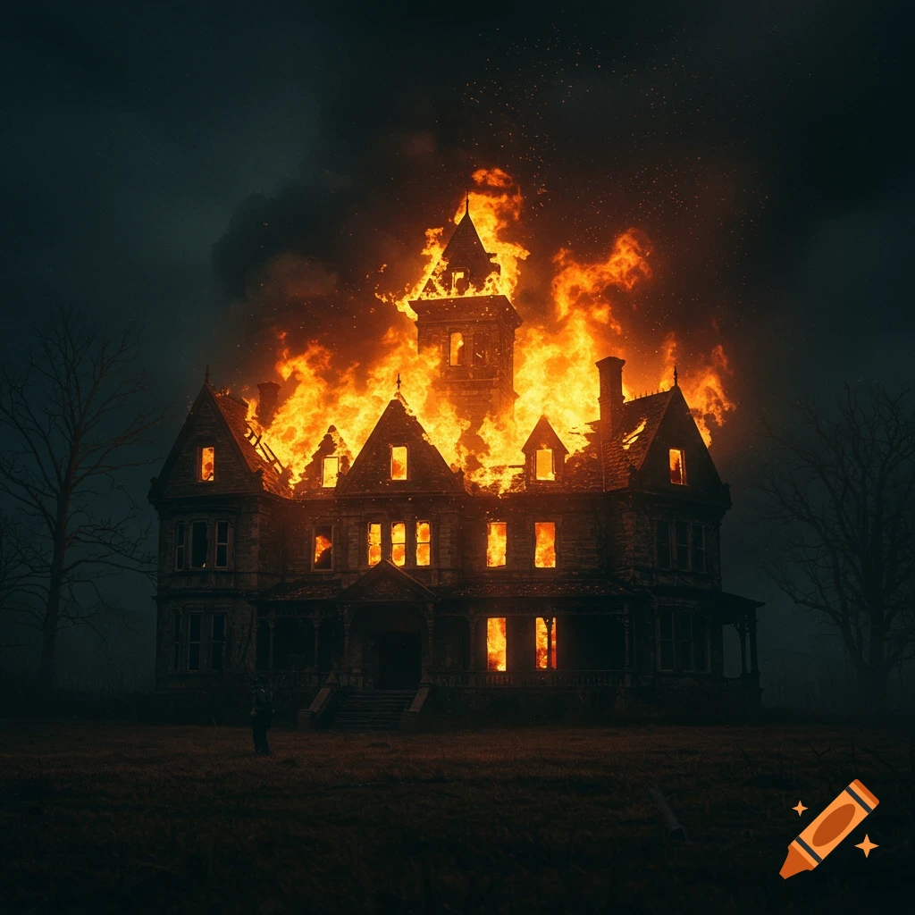 An old mansion is engulfed in flames at night with a figure in the foreground.