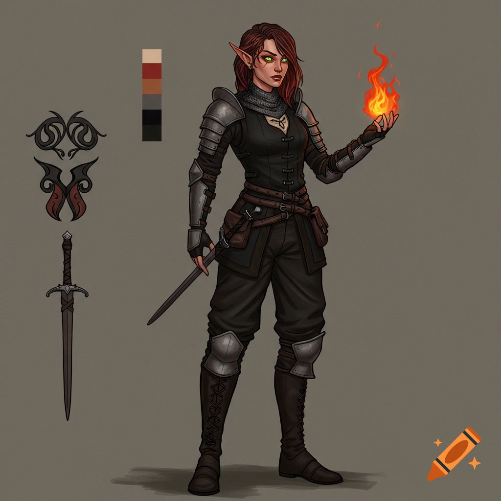 A drawn portrait of an elf sorcerer in armor holding a sword and a ball of fire, with a color palette.
