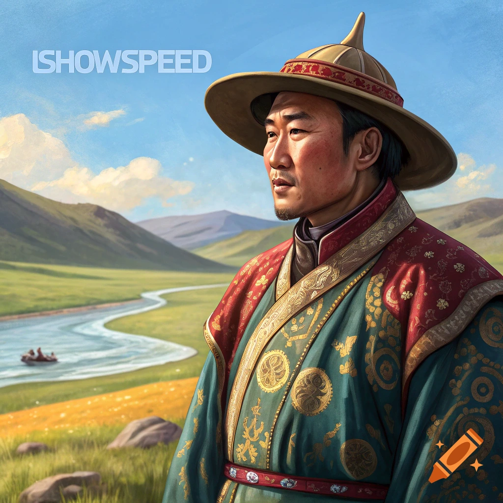 Portrait of a person in a Mongolian outfit in a landscape, in the style of an oil painting.