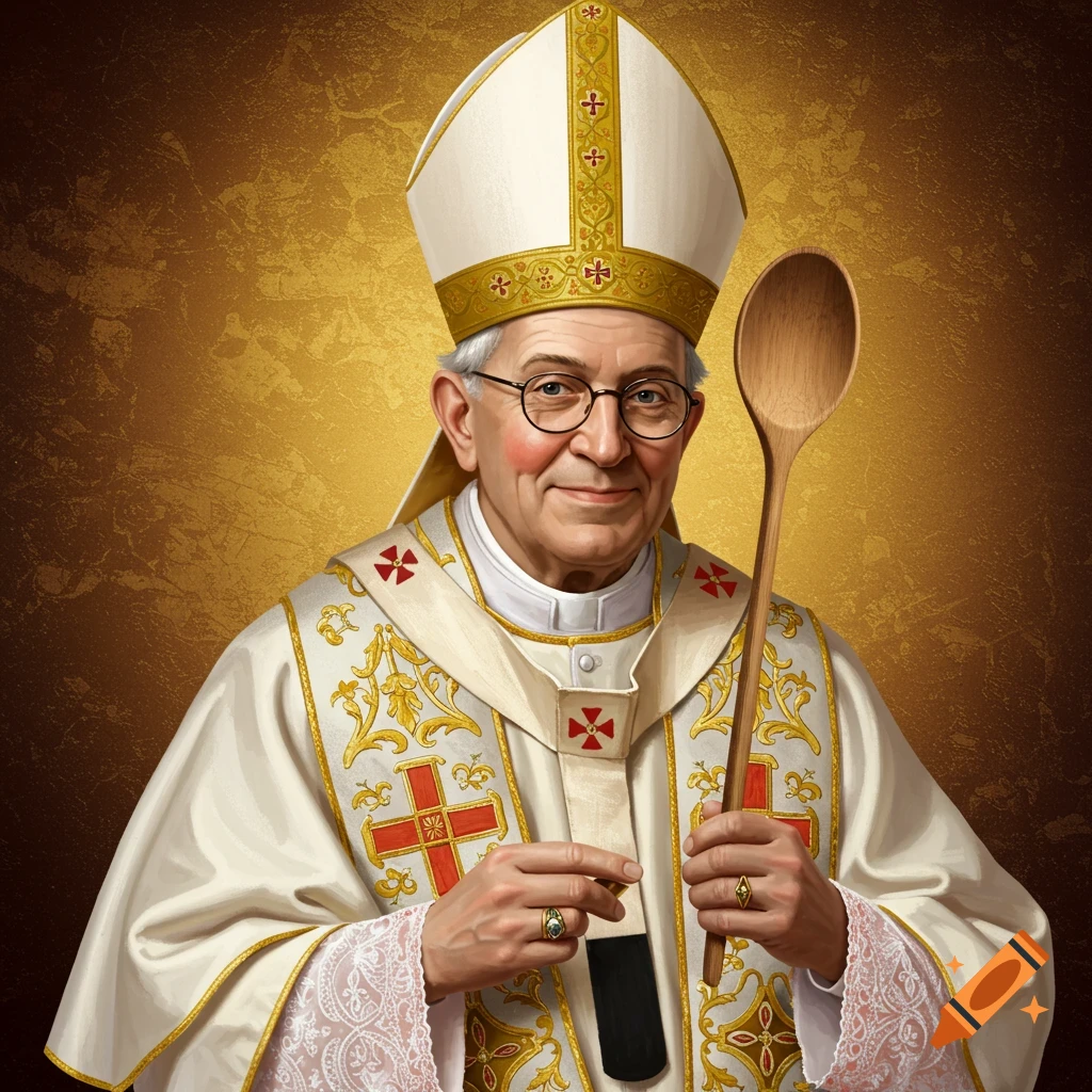 An old man in bishop attire holding a wooden spoon