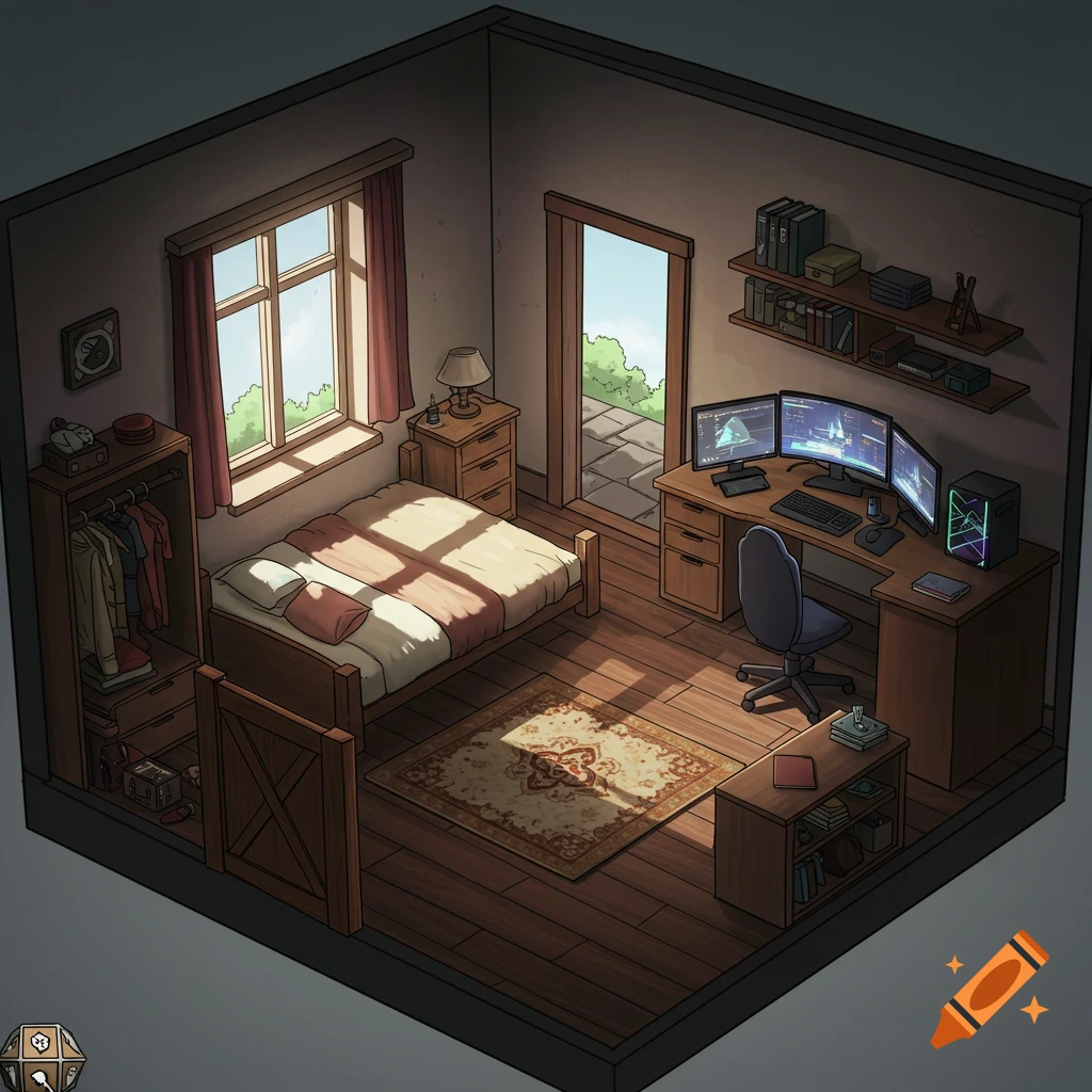Isometric illustration of a room with a bed, computer desk, closet, and shelves, like a DND map.