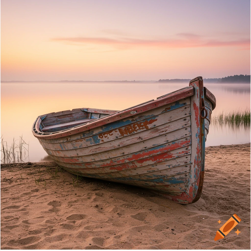 An old, weathered wooden rowboat sits on a sandy beach at sunrise.