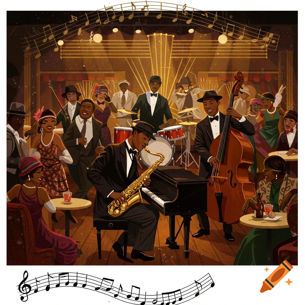 A jazz band plays on stage in a club with people watching.