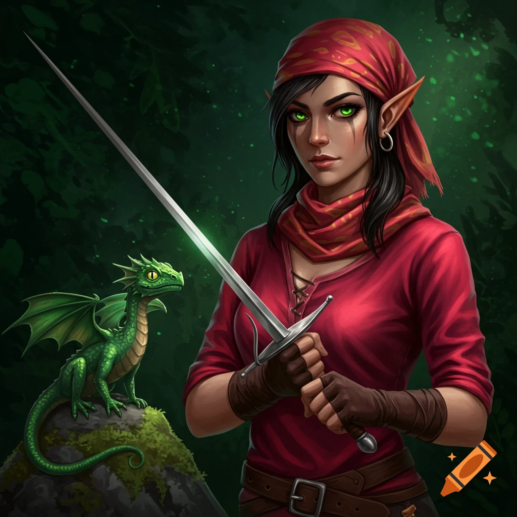 A dark-haired elf with green eyes holds a sword, with a small green dragon sitting nearby.