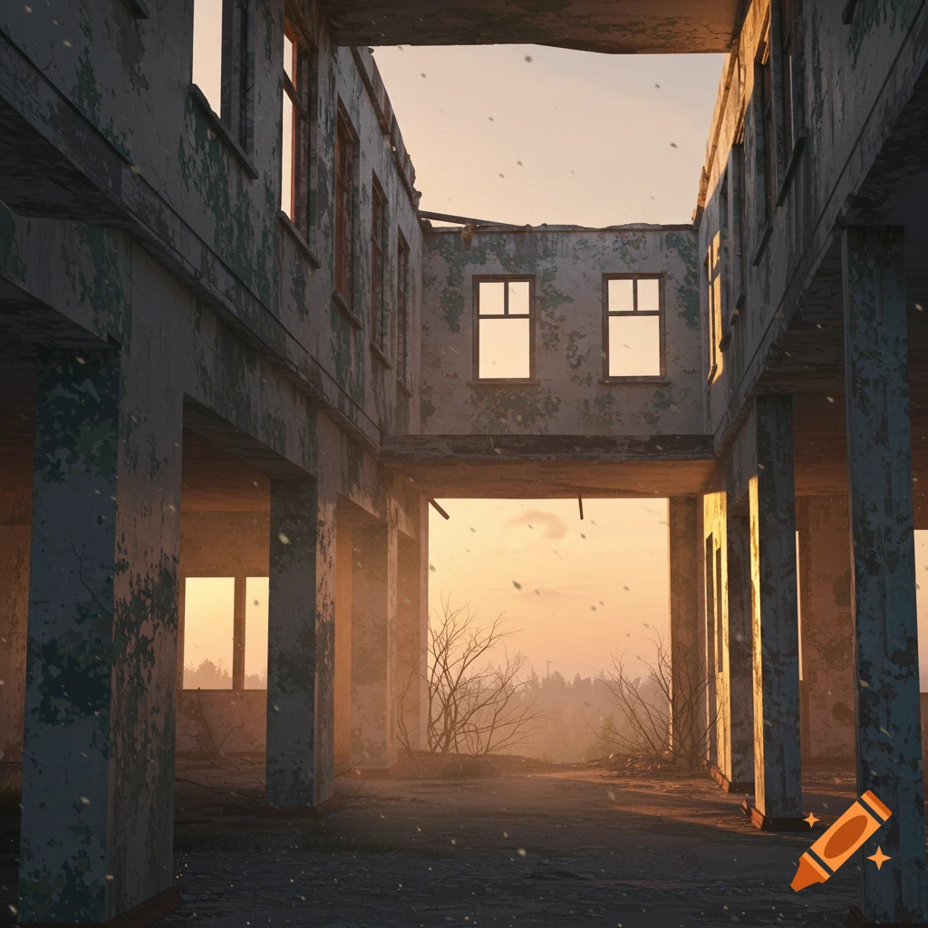 The interior of a dilapidated building is shown, looking out towards a sunset landscape.